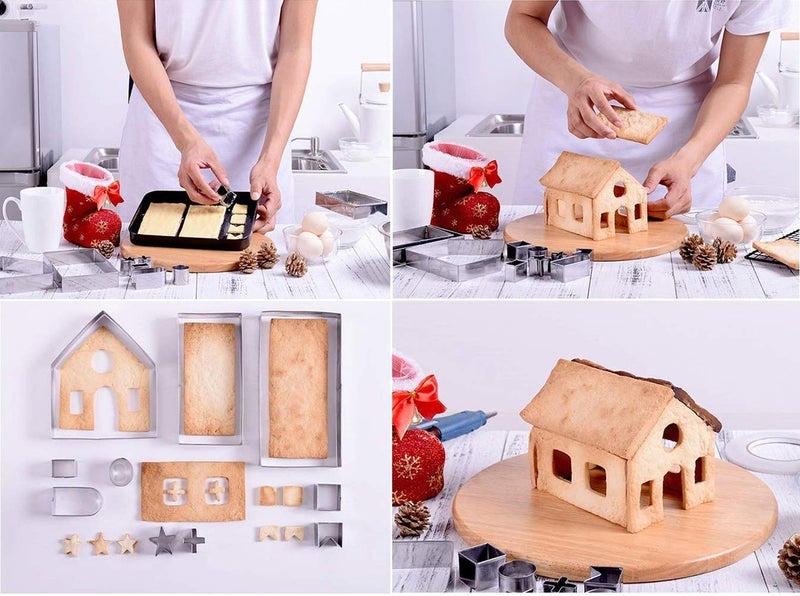 Sakolla 18 PCS Gingerbread House Cookie Cutter Set, 3D Stainless Steel Christmas House Fondant Cutter Kit, Including Christmas Tree, Snowman, Reindeer, Sled Shapes, Gift Box Package - Image 2